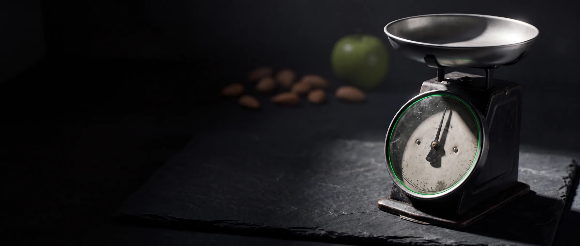 Alte mechanische Küchenwaage im Gegenlicht, dahinter ein grüner Apfel und Mandeln
