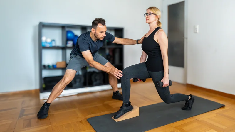 Sascha Radler korrigiert einer Klientin den Split Squat mit Kurzhanteln in seinem Trainingsraum