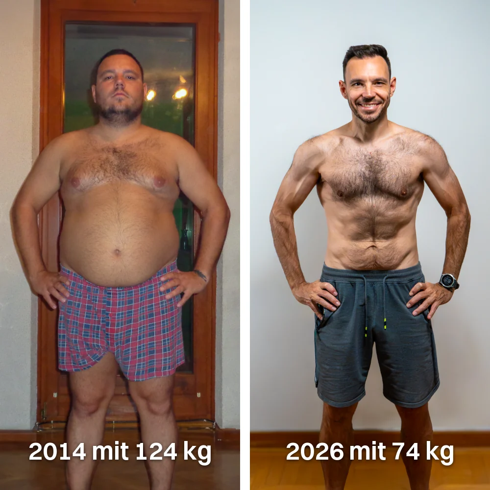 Vorher-Nachher-Vergleich, Sascha Radler 2014 mit rund 124 kg und 2026, über 50 kg leichter
